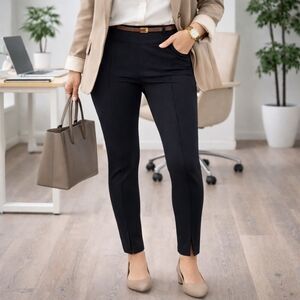Black Pull On Slim Stretch Pants Hidden Inside Seam Slit Career Office Wear